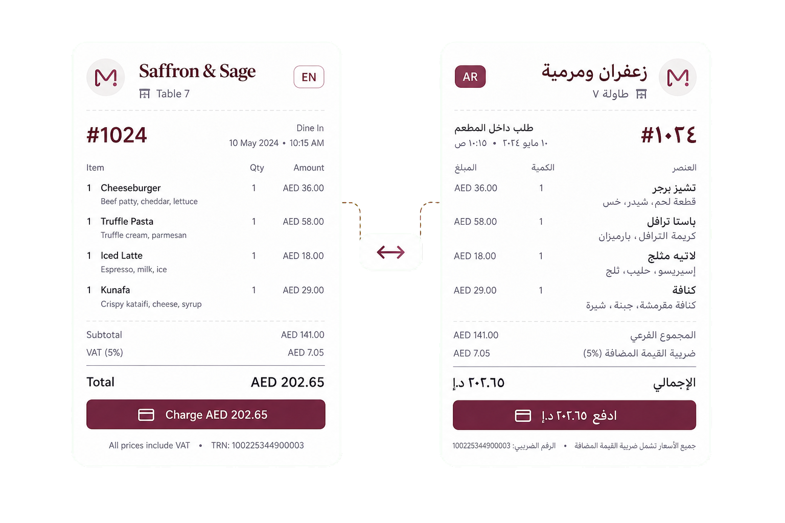 English and Arabic order screens showing the same transaction