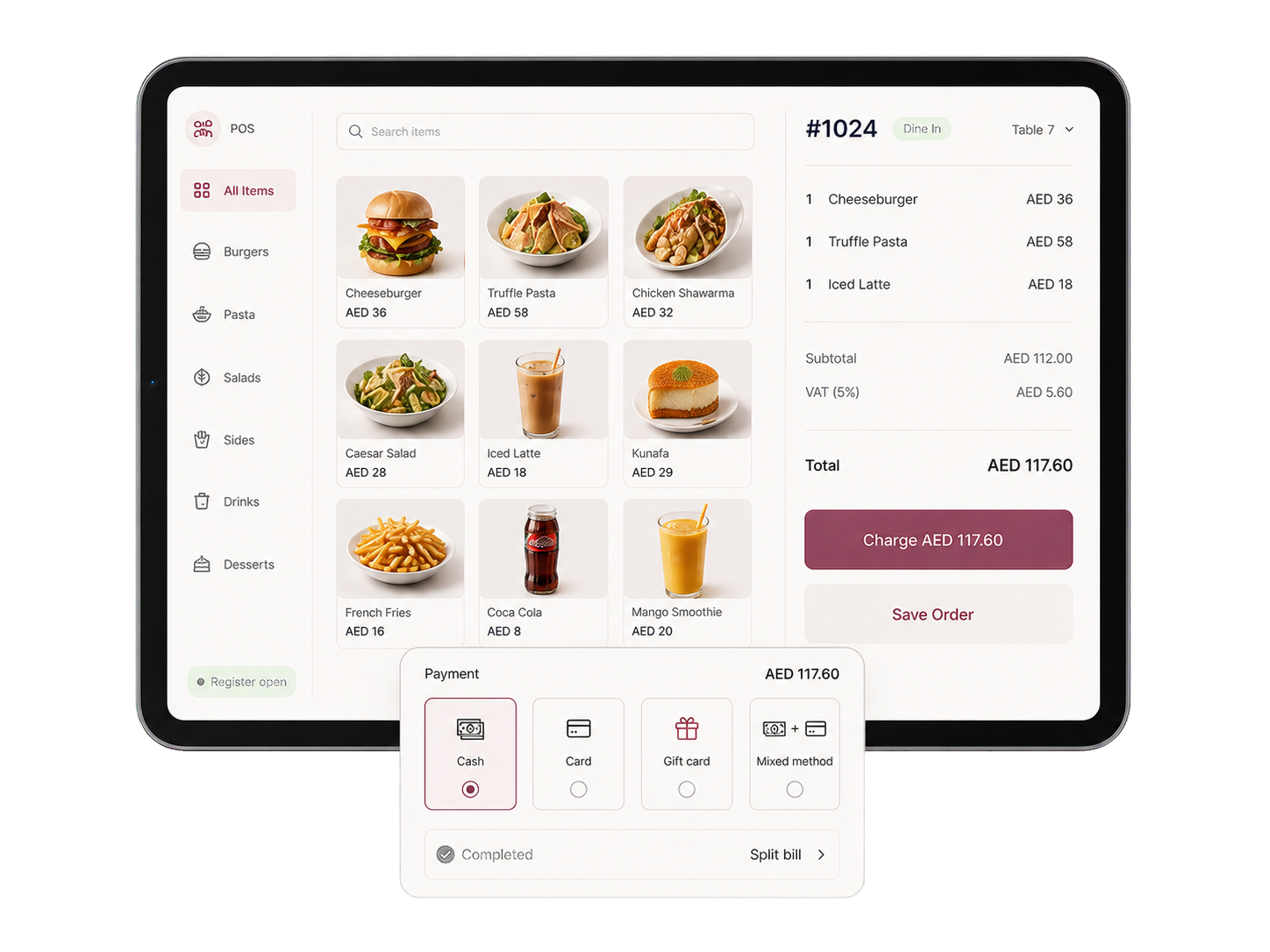 POS checkout with product grid, order panel, and payment methods