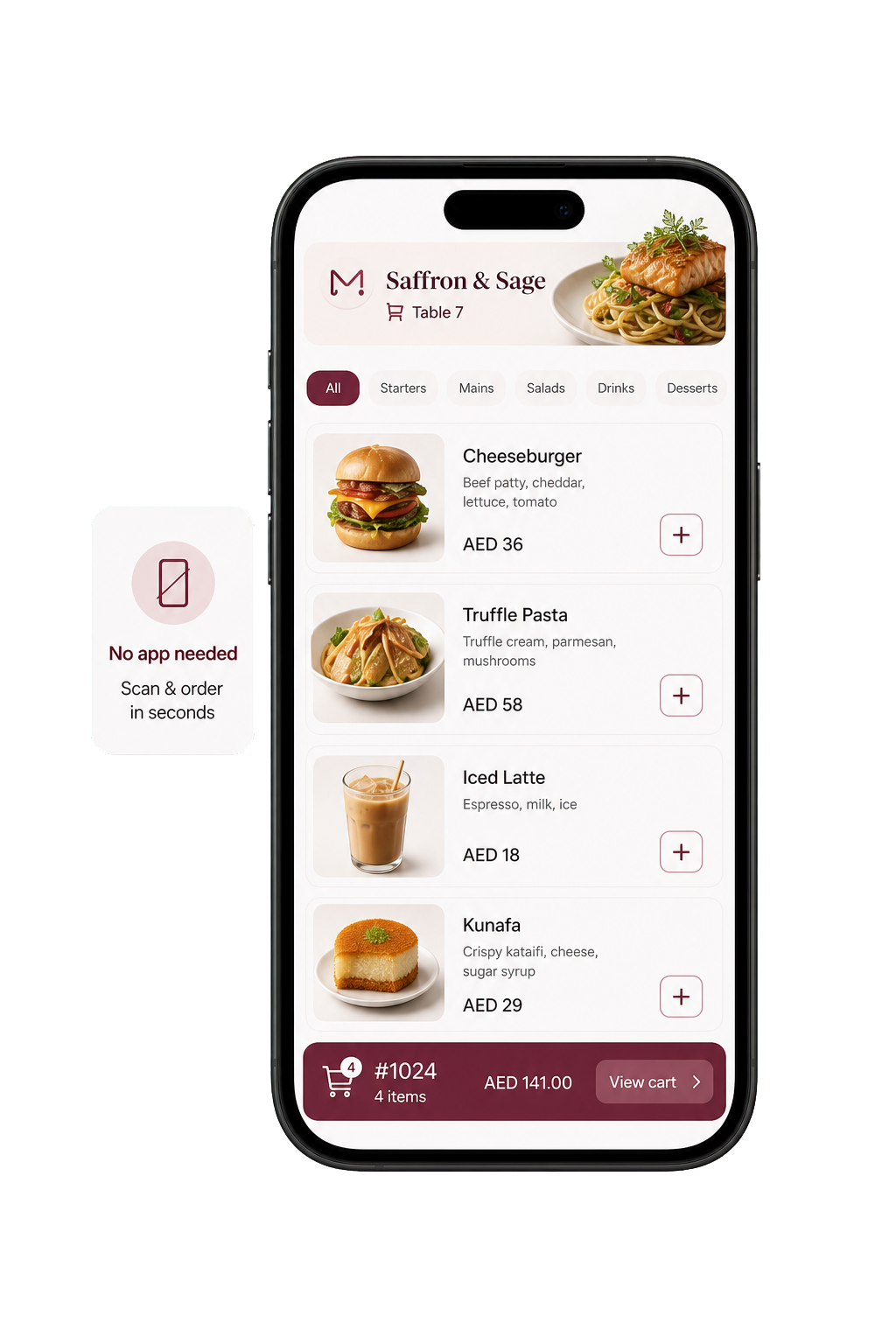 QR table ordering phone with menu items and cart