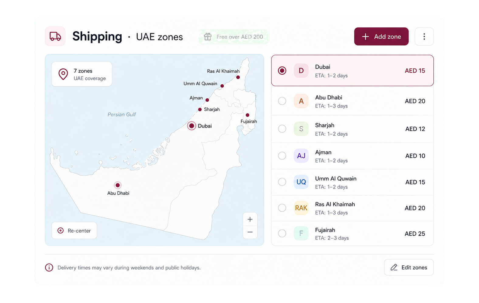 Shop admin UAE shipping zones dashboard