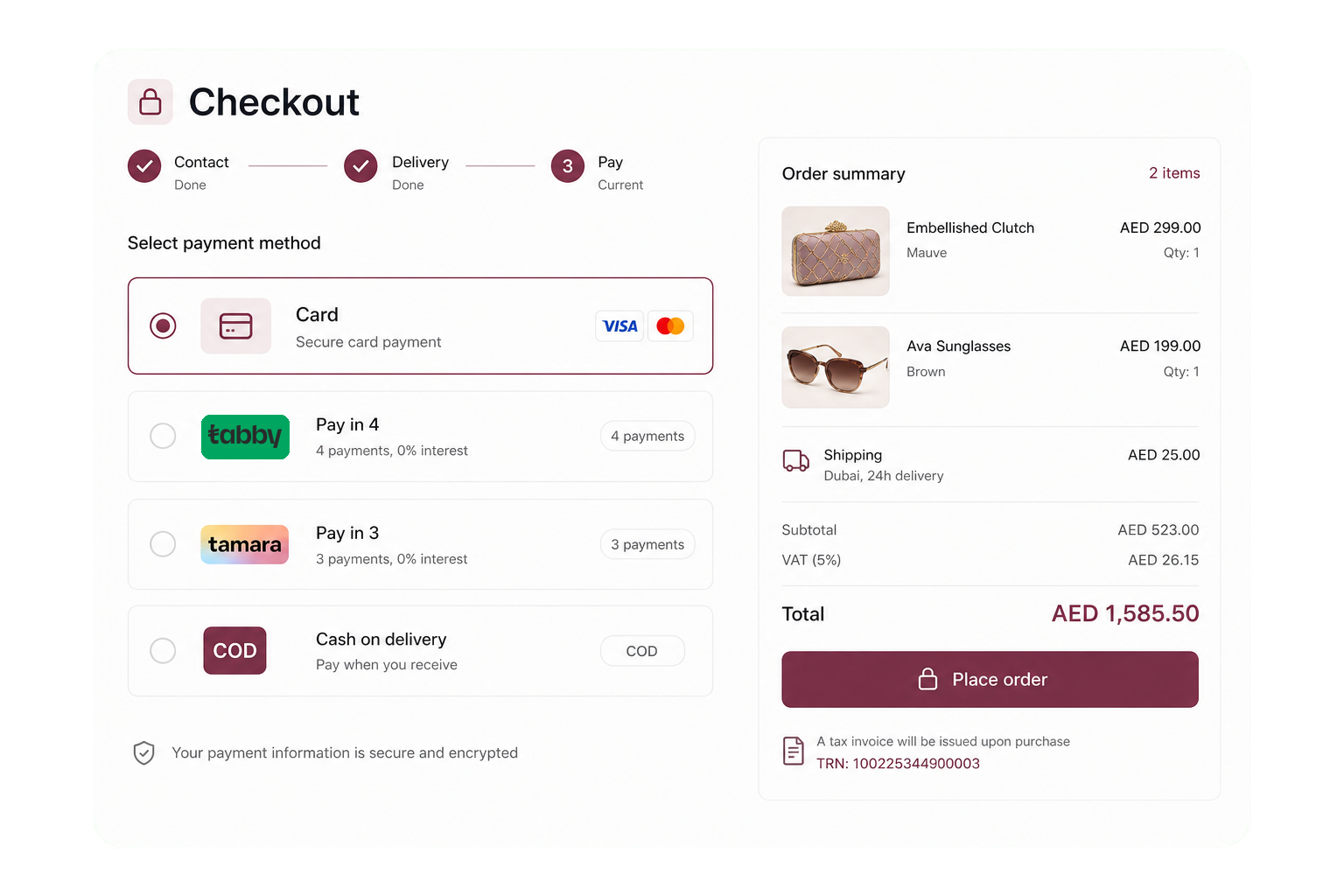 Shop checkout payment step with Ziina, Tabby, Tamara, COD, and order summary