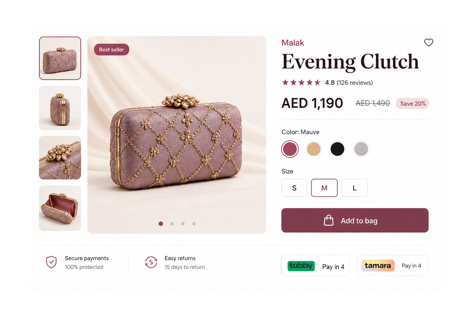 Product detail page with gallery, variants, price, and add to bag button