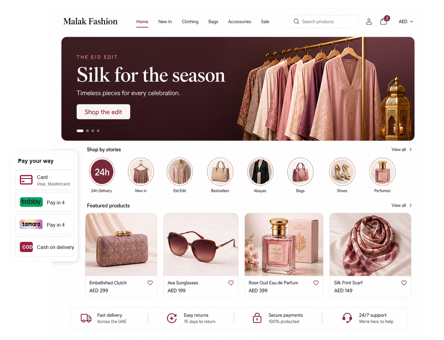 Online storefront home page with banner, stories, products, card, Tabby, Tamara, and cash on delivery payment chips
