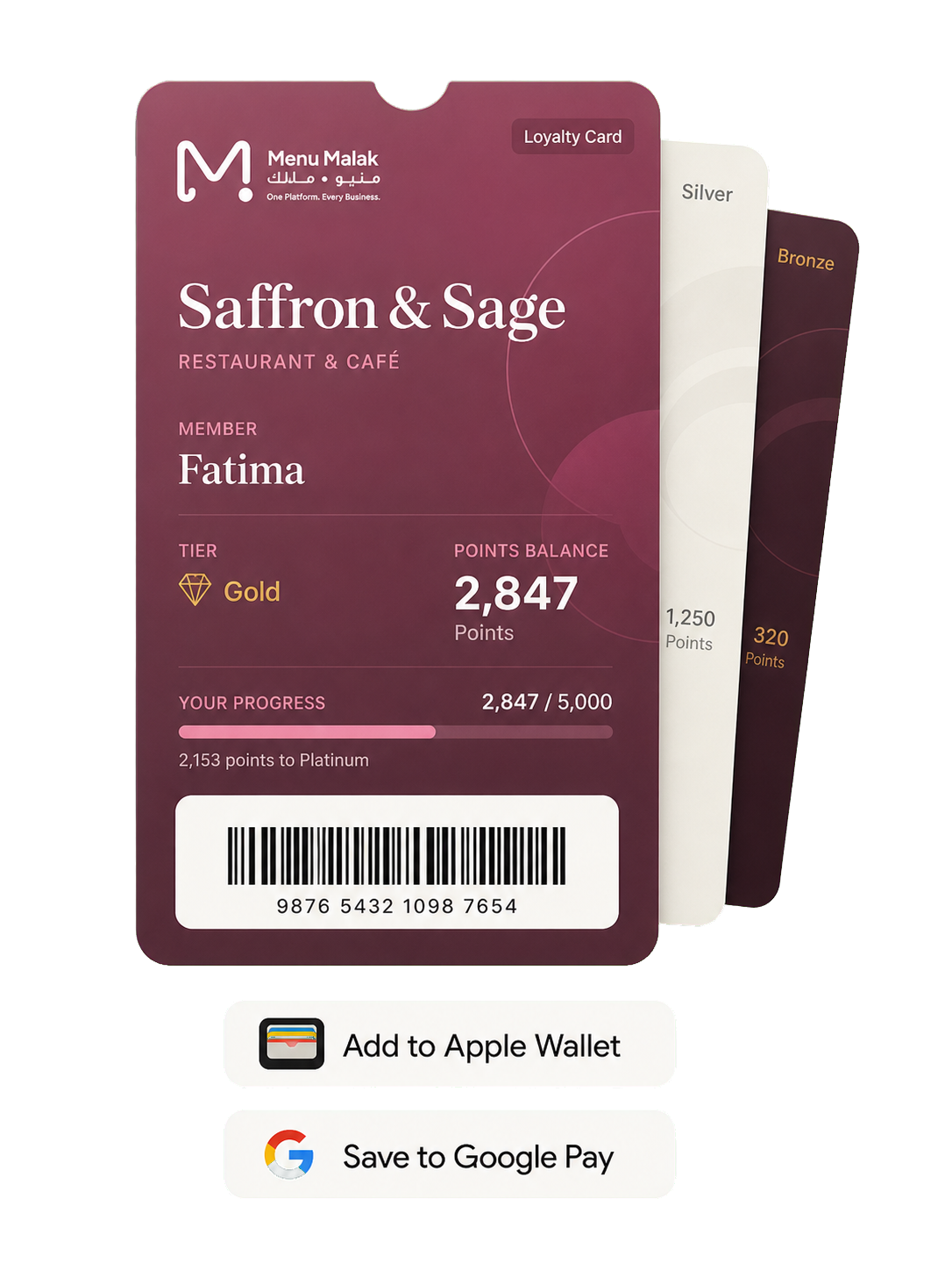 Loyalty wallet pass with points balance and wallet buttons